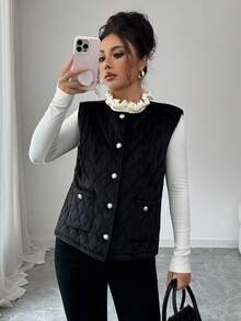 SHEIN Elenzya 女士天鹅绒绗缝无袖背心夹克，优雅适合日常通勤、商务、法式浪漫约会、派对、圣诞节、秋冬，黑色和米色拼色衬垫背心 - 彩色 - 查看 3