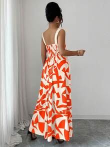 Selianne 女式夏季新款休闲细肩带腰部喇叭形几何印花连衣裙 - 彩色 - 查看 2