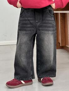 DAZY 幼儿男童宽松直筒牛仔裤，休闲街头风格，秋季 - 黑色 - 查看 6