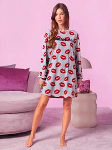 Mean Girls | SHEIN Abito da notte con stampa a labbra e motivo a lettere, scollo a goccia, per l'autunno, da donna - Grigio - Visualizzare 3