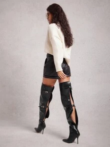 SHUZIA Fashionable Women's Black PU Over The Knee Slouch Point Toe High Heel Sexy Winter Buckle Strap Boots - Black - View 2