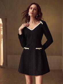MOTF PREMIUM TWEED CONTRAST TRIM DRESS - Black and White - View 4