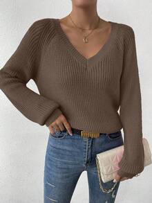 EMERY ROSE Women's Casual Solid Color V-Neck Raglan Sleeve Sweater, Autumn/Winter - Coffee Brown - View 3