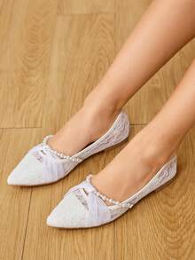 CUCCOO HITCHD 女士尖头平底鞋，珍珠、水钻链、蝴蝶结设计，优雅、浪漫、白色蕾丝新娘/伴娘鞋，适合婚礼、约会、下午茶 - 白色 - 查看 4