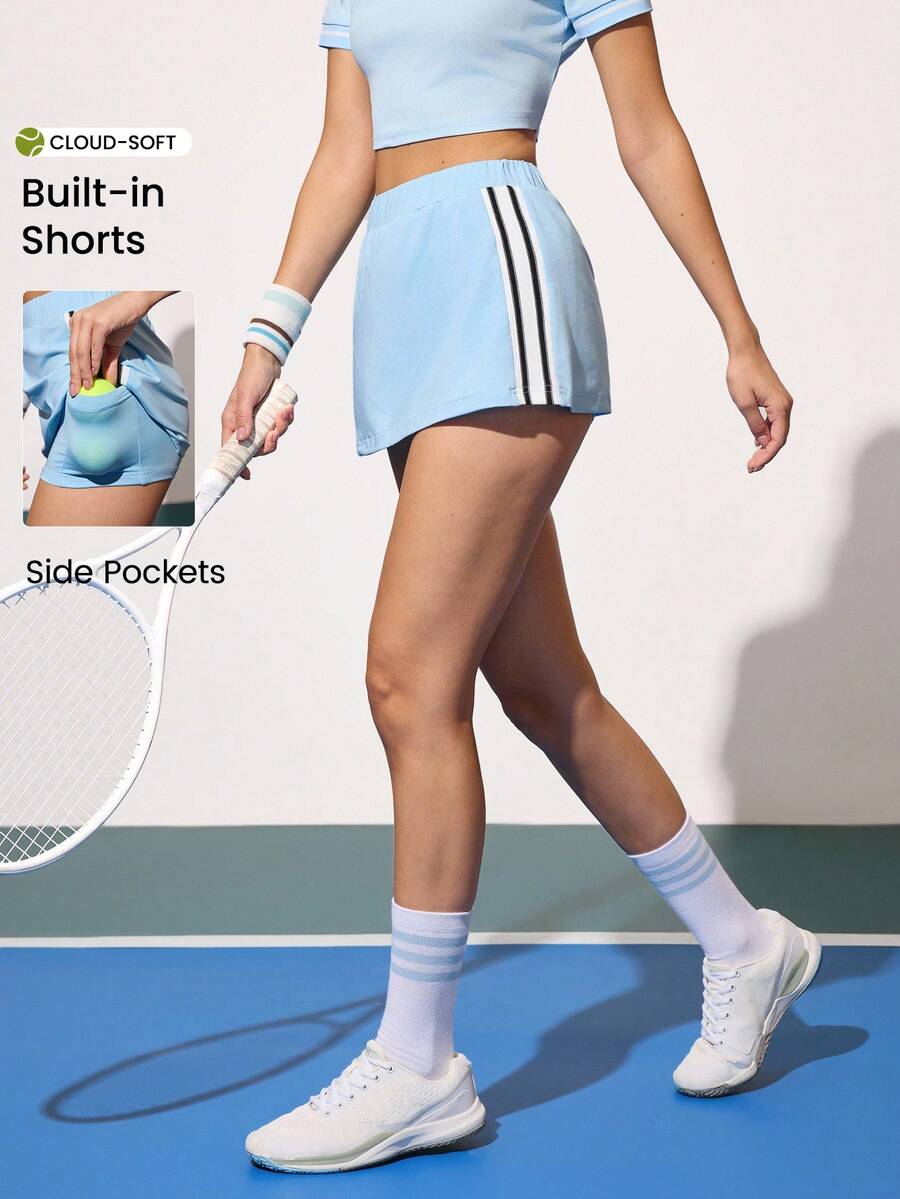 CourtClass Chân váy thể thao mini nữ cạp chun phối màu tương phản, chân váy tennis mùa hè có túi, quần váy thể thao nữ có túi, bộ quần váy tennis, quần váy nữ có túi, chân váy pickleball, quần short thể thao. - Màu xanh lam - Xem 1