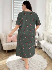 Plus Size Cherry Print Round Neck Short Sleeve Nightgown, Summer, Moo Moo Sleep Dress - Multicolor - View 2