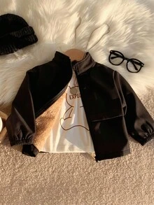 SHEIN Baby Boys Stand Collar Long Sleeve Solid Black Casual Zip-Up Thermal Lined Thick Jacket Baby Boy Jacket Toddler Black Jacket Baby Zip Up Jacket Baby Fleece Jacket Baby Winter Jacket Baby Boy Winter Outfit Baby Boy Fall Outfit - Black - View 4