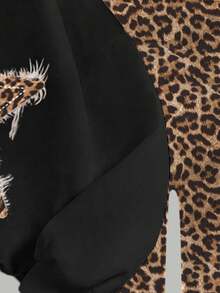 SHEIN Leap Crew Tween Girl Black Autumn Casual School Back-To-School Leopard Print & Star Pattern Crew Neck Long Sleeve Sweatshirt And Leggings 2 Pieces Set,Vintage - Multicolor - View 6