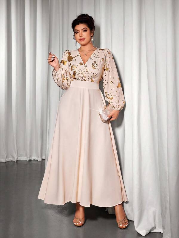 Cravure Vestido de manga larga con cintura ceñida, bajo acampanado y estampado de lámina de oro elegante para tallas grandes
