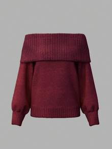Cévolie Women's Casual Solid Color Foldover Off Shoulder Lantern Sleeve Loose Sweater, Autumn/Winter