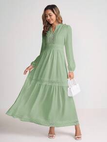 Ellevyn Women's Woven Jacquard Texture Spring Style Deep V-Neck Solid Color Ruffle Hem Lace Trim Summer Dress - Mint Green - View 2