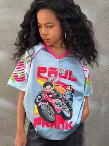 Paul Frank X SHEIN Tween Girls Four Seasons Cartoon Figure Graphic V-Neck Jersey Tee,Streetwear,Cute,Basic,Daily Wear,Glitter - Blue - View 3