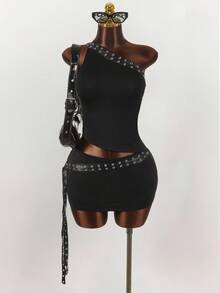 Y2K Amplova 女士 Oktoberfest PU 皮革拼接不对称上衣和性感吊带超低腰迷你裙两件套黑色夜店装 Y2K 两件套黑色两件套 - 黑色 - 查看 10