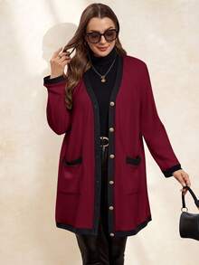 SHEIN Clasi Áo khoác cardigan dài ấm áp cài nút kim loại thanh lịch và thoải mái cho nữ cỡ lớn, màu đen và trắng, dành cho mùa thu, áo gió nữ, trang phục công sở cho nữ - Màu Đỏ Sâu - Xem 6