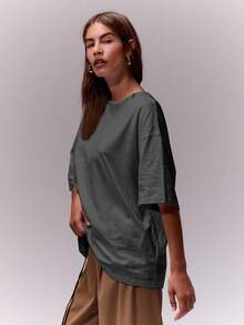 MUSERA 柔软宽松圆领T恤，休闲度假胶囊衣橱日常宽松T恤，机场秋季返校季优雅夏季春季假日必备 - 深灰色 - 查看 3