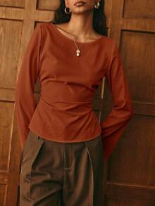 Poéselle Women's Casual Solid Color Bell Sleeve Boat Neck Blouse - Rust Brown - View 4