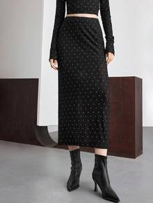 Ontre 2025 休闲时尚，黑色，修身直筒廓形，波尔卡圆点，女式半身裙，网眼面料，修身，商务休闲，办公室通勤，日常穿着，秋冬 - 黑色 - 查看 1