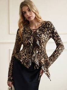 GENKIRA Autumn New V-Neck Leopard Print Ruched Waist Flare Sleeve Blouse, Sexy Ruffled Collar Shirt - Multicolor - View 4