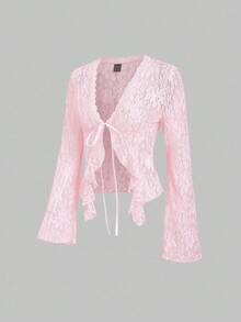 Sweetra Y2K Aesthetic Sheer Pink Lace Cardigan With Bell Sleeves, Women's Top For Autumn - Pink - View 4
