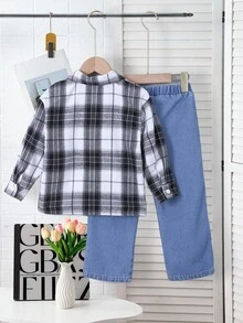 SHEIN 两件套小男孩格子衬衫和牛仔裤套装 - 藍色 - 查看 2