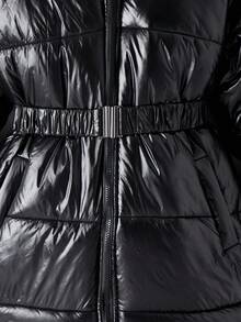 Sparklyn Teen Girl Casual Thickened Padded Coat, Fur Collar Hood, Elastic Waist, Slant Pockets, Glossy Black Fabric, Suitable For Winter Commuting, Travel, Can Be Paired With Pants, Sweatpants, Hoodies, T-Shirts, Sweaters Fall - Black - View 8