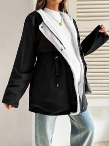 SHEIN 孕妇休闲抽绳腰带连帽夹克，带保暖衬里，秋冬 - 黑色 - 查看 7