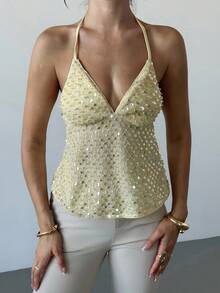 Firerie 女士优雅精致浪漫度假性感新款V领透明露背奶油黄色吊带背心上衣 - 黃色 - 查看 7