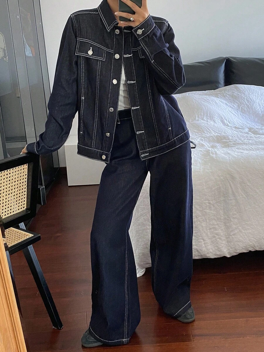 Livesso 女士休闲翻领上衣和牛仔裤套装，秋季 - 深色水洗藍 - 查看 1