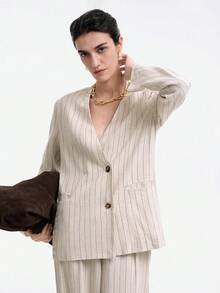 SHEIN LUNE Casual Minimalist Linen Long Sleeve V-Neck Loose Straight Striped Textured Fabric Women's Suit Set, Autumn/Winter - Khaki - View 5