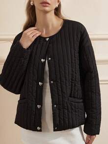 GENKIRA 女式竖条纹休闲宽松心形纽扣百搭套头衫 - 黑色 - 查看 1