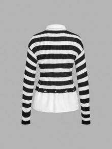 Skyraze Casual Patchwork Striped Distressed Knit Sweater In Fall/Winter