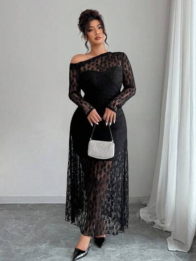 Elenzga Christmas Plus Size Contrast Lace Ruffle Trim One Shoulder Dress, Versatile For Outings, Date Nights, Theme Parties, Celebrations