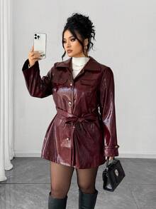 Elenzga 大码女式休闲通勤复古别致翻领单排扣多口袋系带中长款 PU 皮革摩托车夹克，秋冬 - 酒紅色 - 查看 7