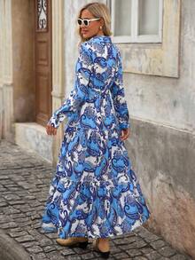 Brillora 女士佩斯利印花分层下摆束带连衣裙，度假风格 - 藍色 - 查看 2