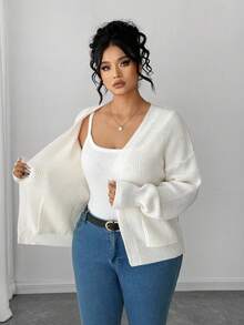 Elenzga Áo len cardigan tay dài họa tiết hai túi thoải mái, dáng rộng, lấy cảm hứng từ Blogger cỡ lớn - Màu be - Xem 4