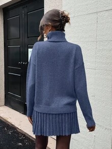 SHEIN Clasi Conjunto de 2 piezas de suéter de cuello alto de manga larga y falda mini de unicolor para mujer - Azul - Ver 2