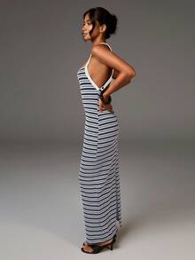 Athîral Vestido de verano de mujer con rayas, cruce en la espalda y abertura lateral - Azul - Ver 5