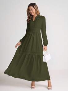 Ellevyn Women's Woven Jacquard Texture Spring Style Deep V-Neck Solid Color Ruffle Hem Lace Trim Summer Dress - Army Green - View 2