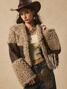 Easelle Áo khoác nữ dáng rộng cổ điển bohemian du mục thắt eo, cổ áo rộng, áo khoác tua rua, quần áo ngoài trời cho nữ, trang phục phương Tây cho nữ, áo khoác lông cho nữ vào mùa thu/đông - màu nâu - Xem 2