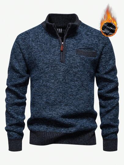 Manfinity Mode Men's Autumn/Winter Fashion Color Block Splice Stand Collar Half Zip Placket Thermal Lined Sweater, Old Money, Long Sleeve Top