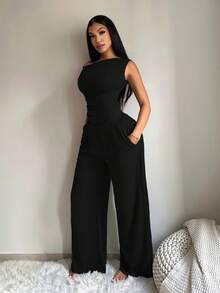 SHEIN SXY Asymmetric Neck Ruched Black Blouse And High Waist Loose Pocket Pants Women 2 Pieces Set, Suitable For Vacation, Date, Casual, Commute, Home - Black - View 5