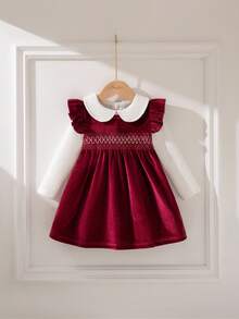 Souflis Souflis 两件套：优雅的勃艮第天鹅绒连衣裙和白色长袖 T 恤，复古法式风格，适合派对、聚会、2025 年秋冬、婴儿和女婴 - 酒紅色 - 查看 2