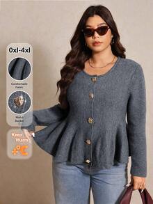 Elaquor 大码休闲简约百搭都市时尚办公室通勤优雅金属装饰灰色女士开衫，秋冬 - 灰色 - 查看 7