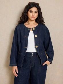 Elaquor Áo khoác denim xanh đậm cỡ lớn, tay dài, eo có cúc kim loại hình hoa hồng, phù hợp mặc theo phong cách Pháp thanh lịch trong mùa thu cho nữ - Rửa tối - Xem 5