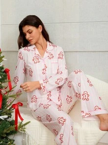 Conjunto de pijama rosa com estampa de boneco de gengibre listrado com tema natalino, aconchegante e elegante, ideal para o outono e inverno. - Rosa - Ver 6