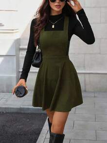 SHEIN LUNE Vestido casual de mujer de unicolor con tirantes de pana - Verde - Ver 4