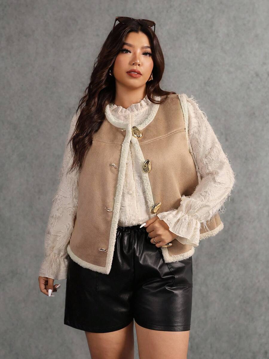 Elaquor Plus Size Casual Versatile Sleeveless Jacket, Autumn/Winter Western Jacket - Camel - View 1