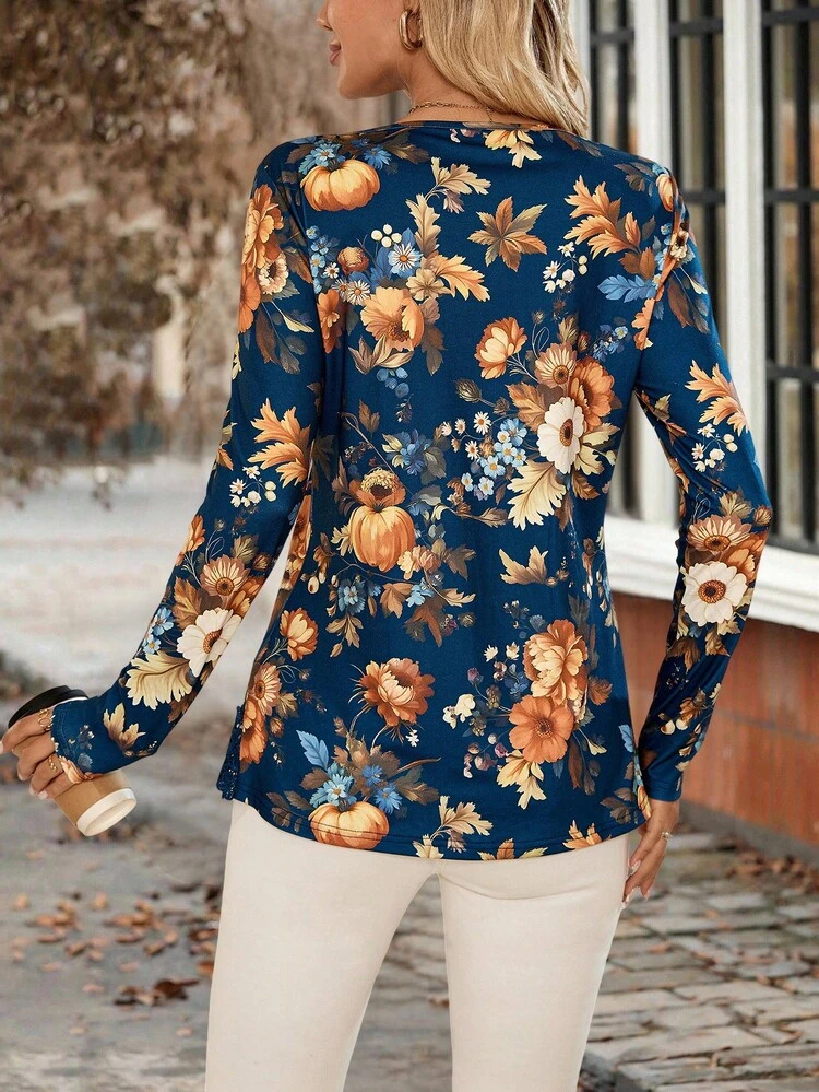 T-shirt décontracté à manches longues et col en V avec imprimé floral et citrouille pour femmes