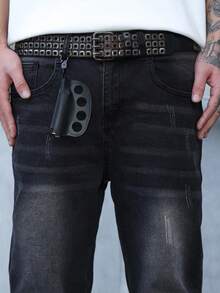 Manfinity EMRG Quần Jeans Nam Màu Trơn Túi Cũ Thường Ngày Đa Năng - màu đen - Xem 8