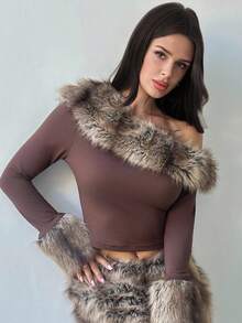 Firerie Elegante, romántico, lujoso, vintage, moda callejera, fiesta, urbano, chic, hombro oblicuo, cuello de piel sintética, manga ajustada, camiseta de manga larga con puños de piel sintética de corte ajustado para mujer, otoño/invierno